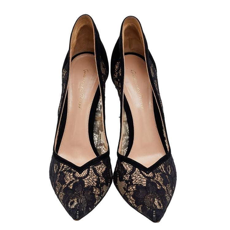 Pre Owned Gianvito Rossi Black Suede And Lace Pointed Toe Pumps Size 39.5