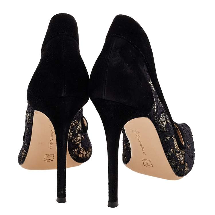 Pre Owned Gianvito Rossi Black Suede And Lace Pointed Toe Pumps Size 39.5