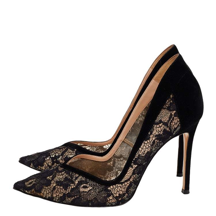 Pre Owned Gianvito Rossi Black Suede And Lace Pointed Toe Pumps Size 39.5