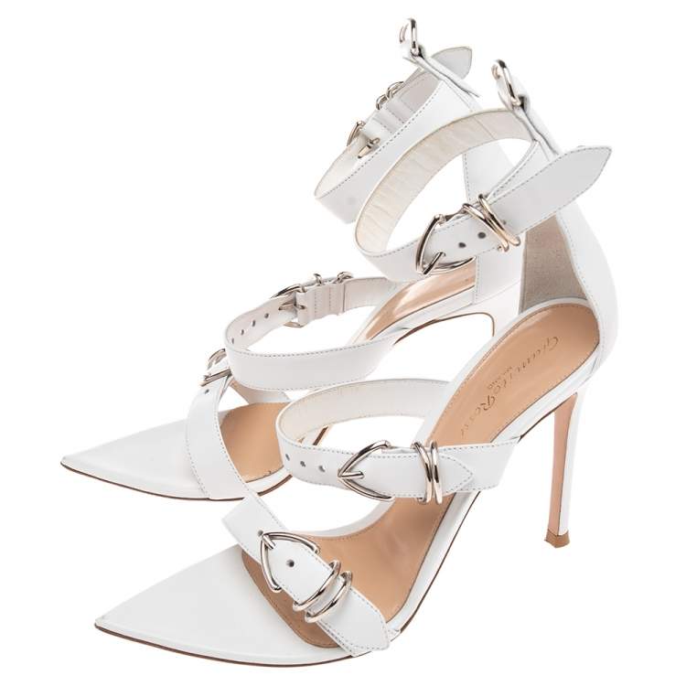 Pre Owned Gianvito Rossi White Leather Belted Ankle-Strap Sandals Size 38.5