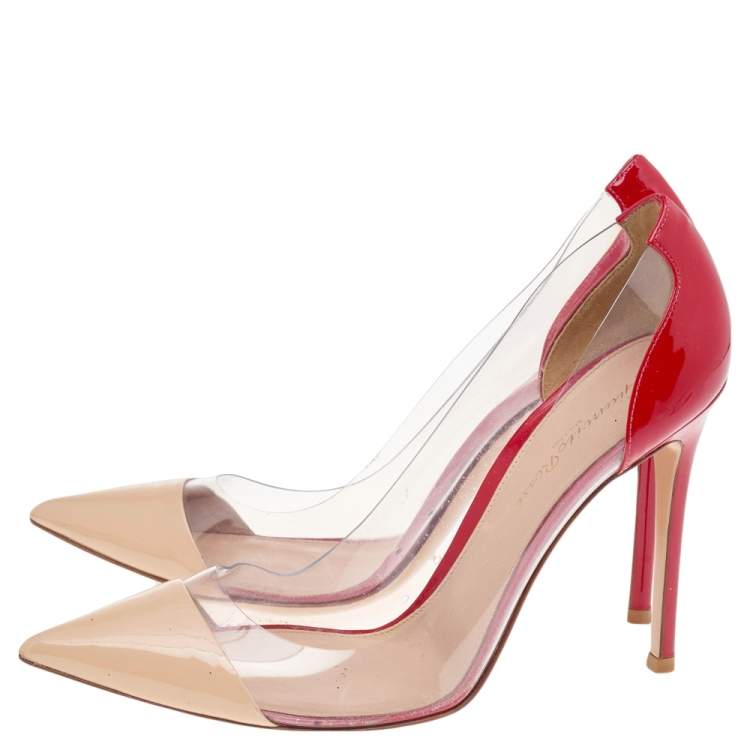 Pre Owned Gianvito Rossi Beige/Red Leather And PVC Plexi Pointed Toe Pumps Size 39