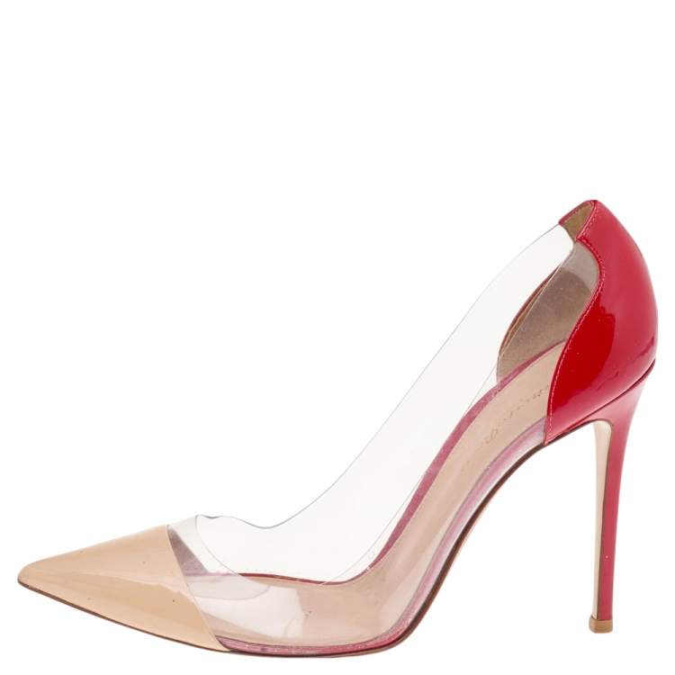 Pre Owned Gianvito Rossi Beige/Red Leather And PVC Plexi Pointed Toe Pumps Size 39