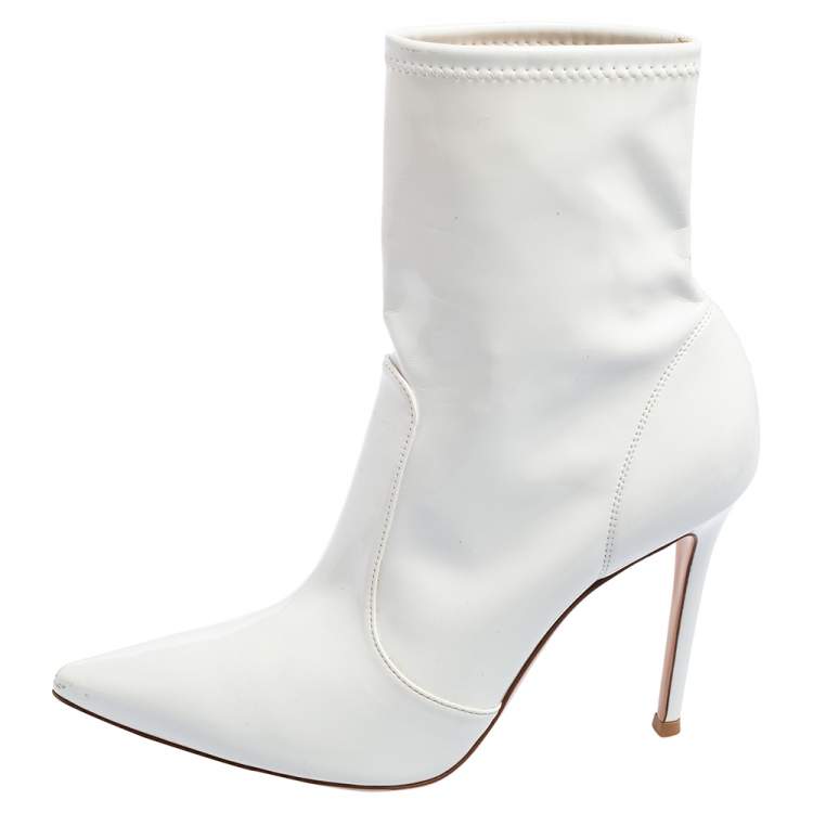Pre Owned Gianvito Rossi White Patent Leather Imogen Pointed Toe Ankle Booties Size 38.5