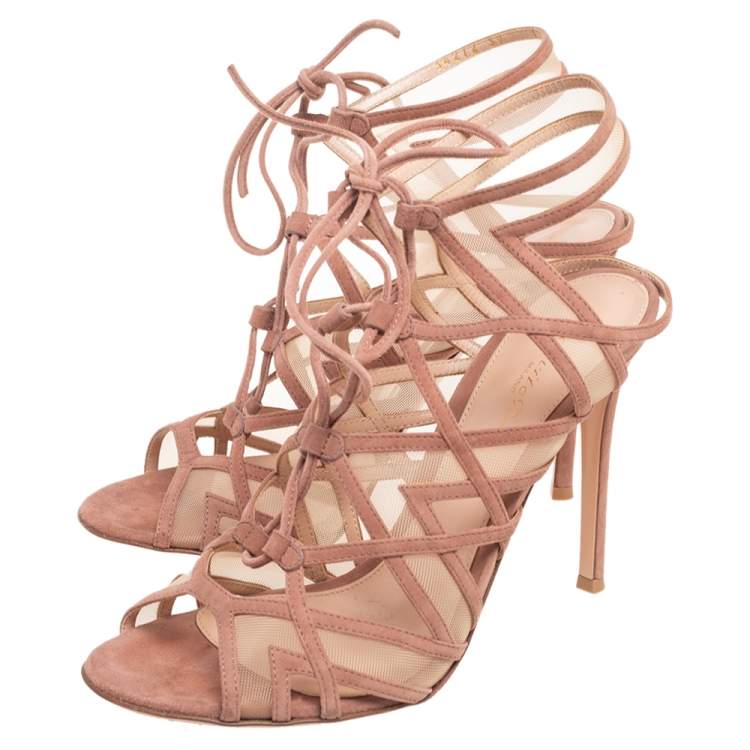 Pre Owned Gianvito Rossi Beige Suede And Net Cage Sandals Size 39
