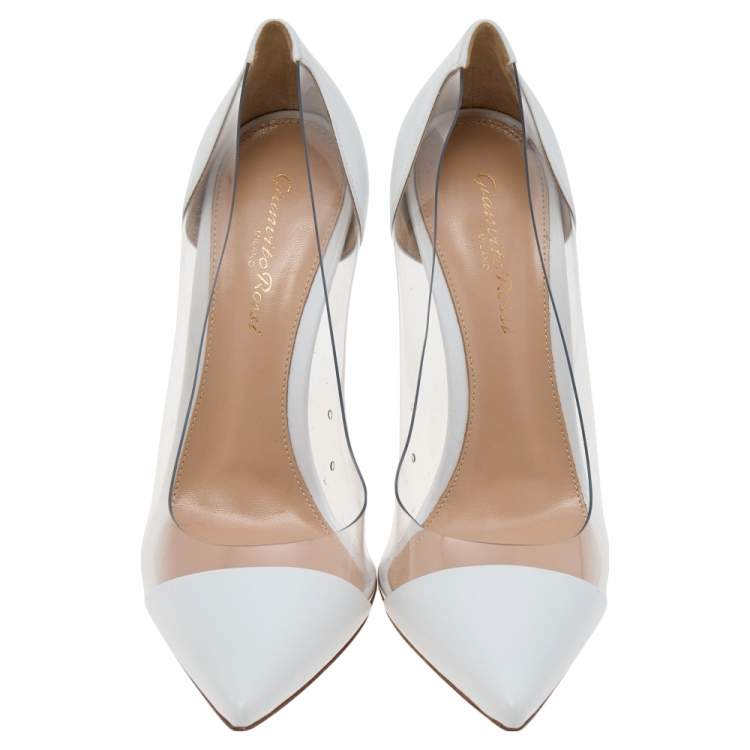 Pre Owned Gianvito Rossi White Leather and PVC Plexi Pointed Toe Pumps Size 37