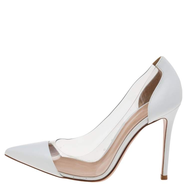 Pre Owned Gianvito Rossi White Leather and PVC Plexi Pointed Toe Pumps Size 37