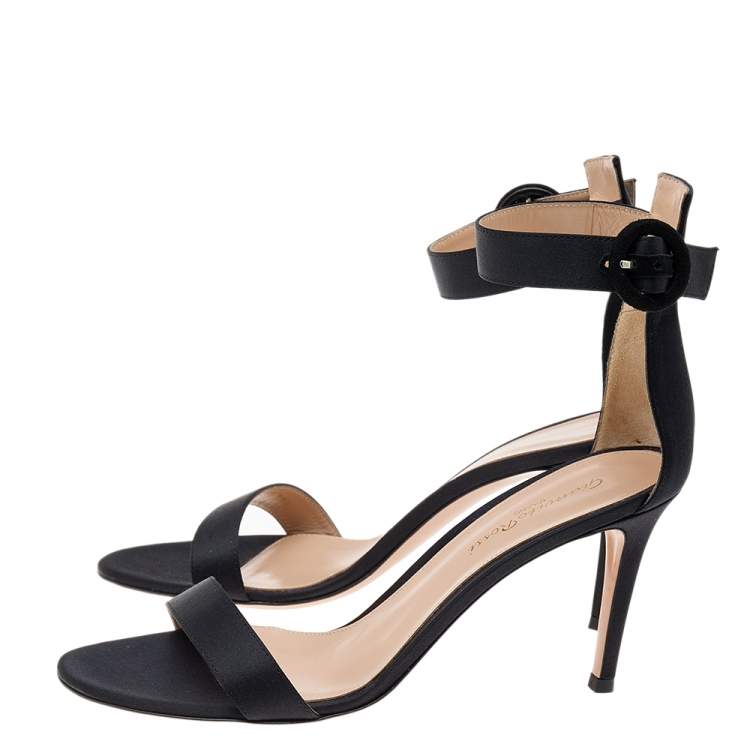 Pre Owned Gianvito Rossi Black Satin Portofino Ankle Strap Sandals Size 38.5