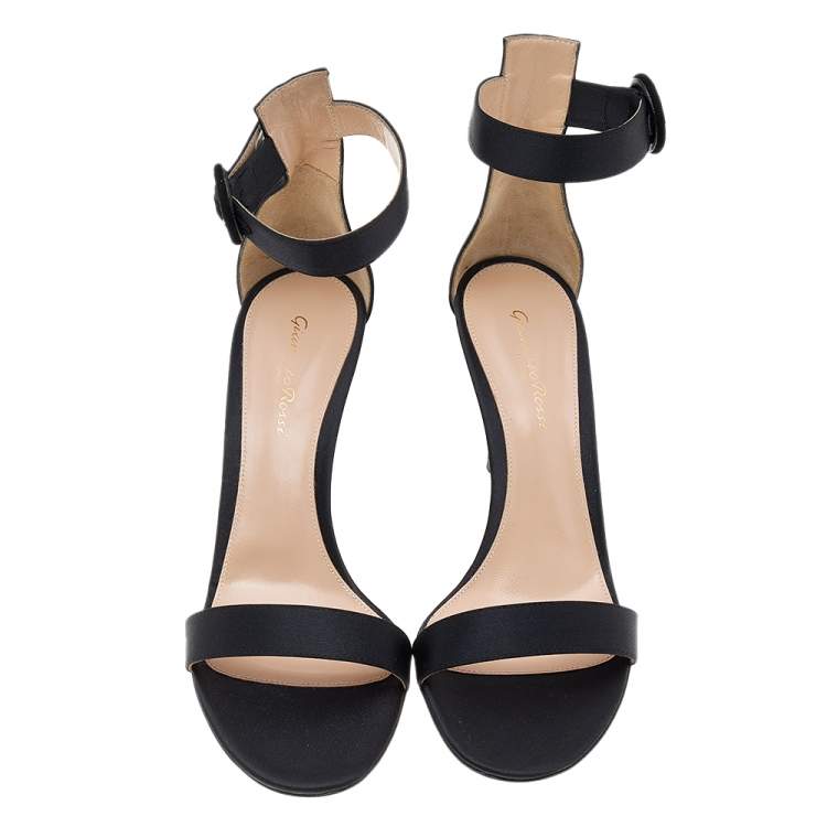 Pre Owned Gianvito Rossi Black Satin Portofino Ankle Strap Sandals Size 38.5
