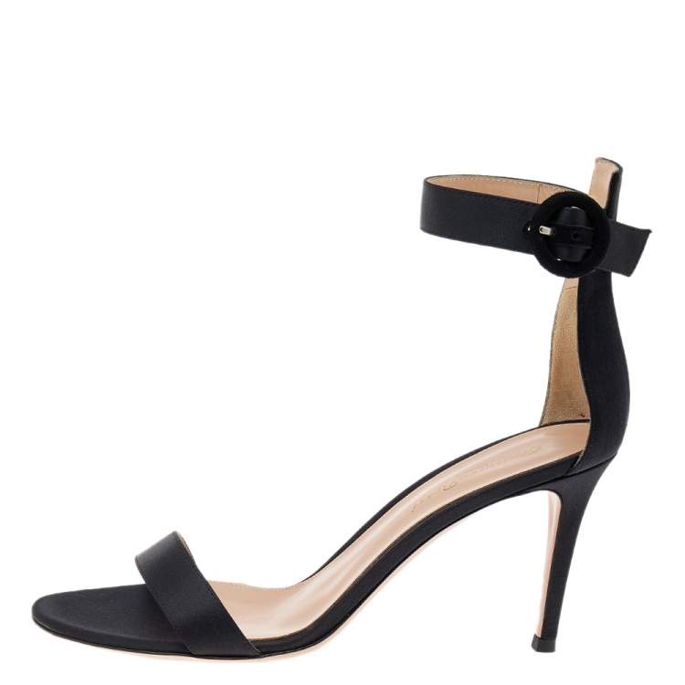 Pre Owned Gianvito Rossi Black Satin Portofino Ankle Strap Sandals Size 38.5