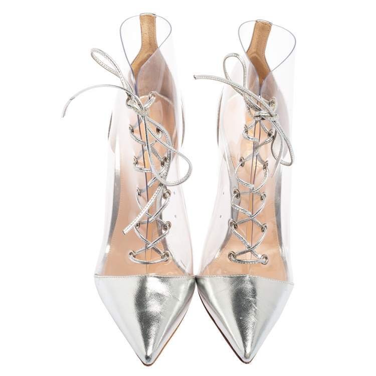 Pre Owned Gianvito Rossi Transparent PVC and Silver Leather Plexi Lace-up Ankle Boots Size 36.5 
