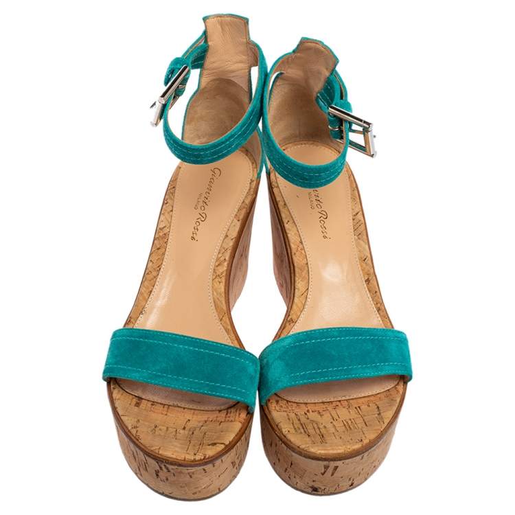 Pre Owned Gianvito Rossi Blue Suede  Cork Wedge Platform Ankle Strap Sandals Size 37