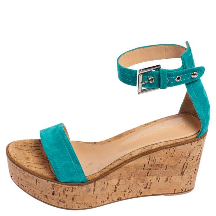 Pre Owned Gianvito Rossi Blue Suede  Cork Wedge Platform Ankle Strap Sandals Size 37