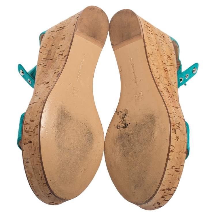 Pre Owned Gianvito Rossi Blue Suede  Cork Wedge Platform Ankle Strap Sandals Size 37