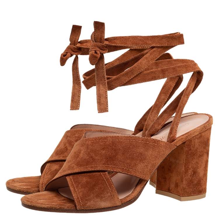 Pre Owned Gianvito Rossi Tan Suede Block Heel Ankle-Wrap Sandals Size 38