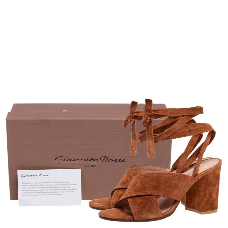 Pre Owned Gianvito Rossi Tan Suede Block Heel Ankle-Wrap Sandals Size 38