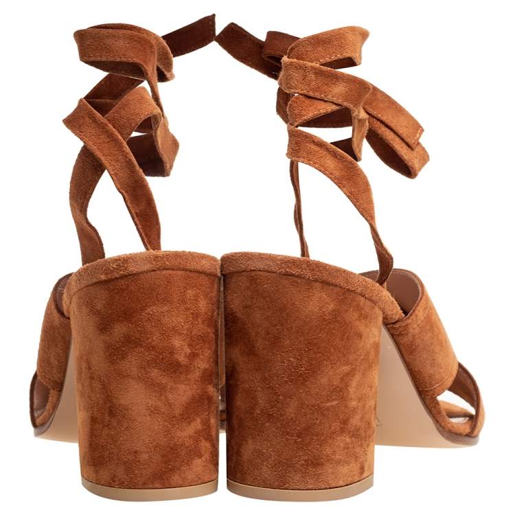 Pre Owned Gianvito Rossi Tan Suede Block Heel Ankle-Wrap Sandals Size 38