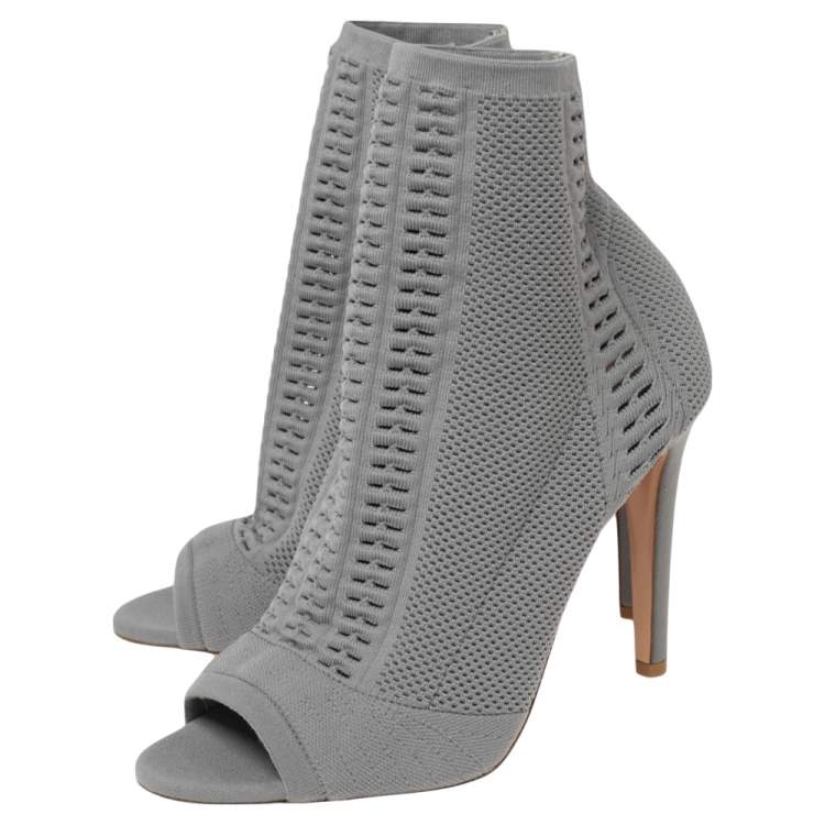 Pre Owned Gianvito Rossi Grey Knit Fabric Open-Toe Ankle Boots Size 38.5
