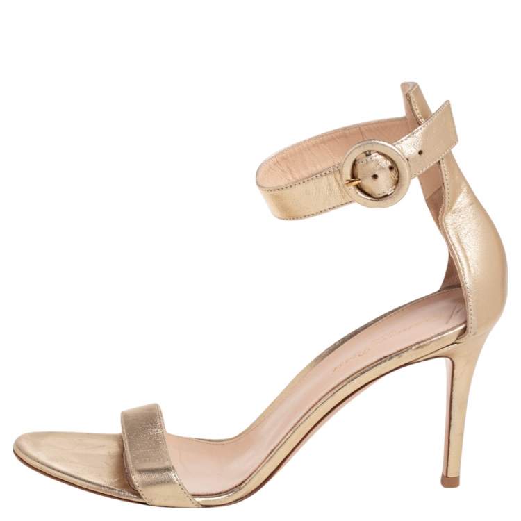 Pre Owned Gianvito Rossi Gold Leather Portofino Ankle-Strap Sandals Size 40