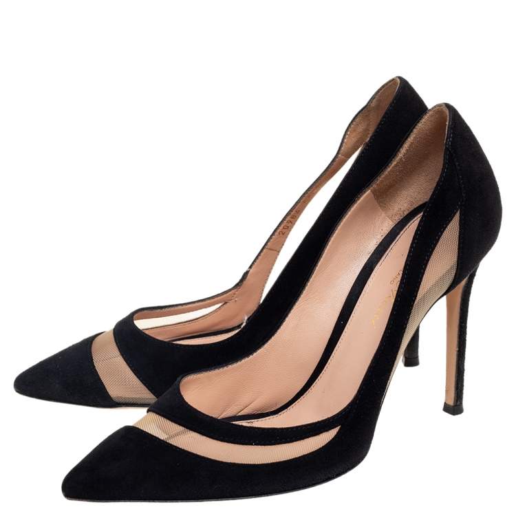 Pre Owned Gianvito Rossi Black Suede and Mesh Pointed Toe Pumps Size 38
