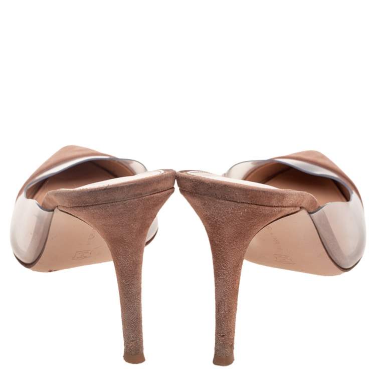 Pre Owned Gianvito Rossi Beige Suede and PVC Plexi Pointed Toe Mule Sandals Size 39