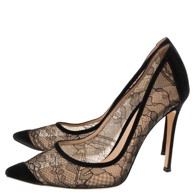 Pre Owned Gianvito Rossi Black Suede/Lace Pointed Toe Pumps Size 39
