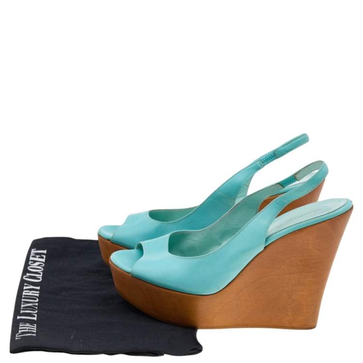 Pre Owned Gianvito Rossi Turquoise Leather Wedge Platform Slingback Sandals Size 38.5