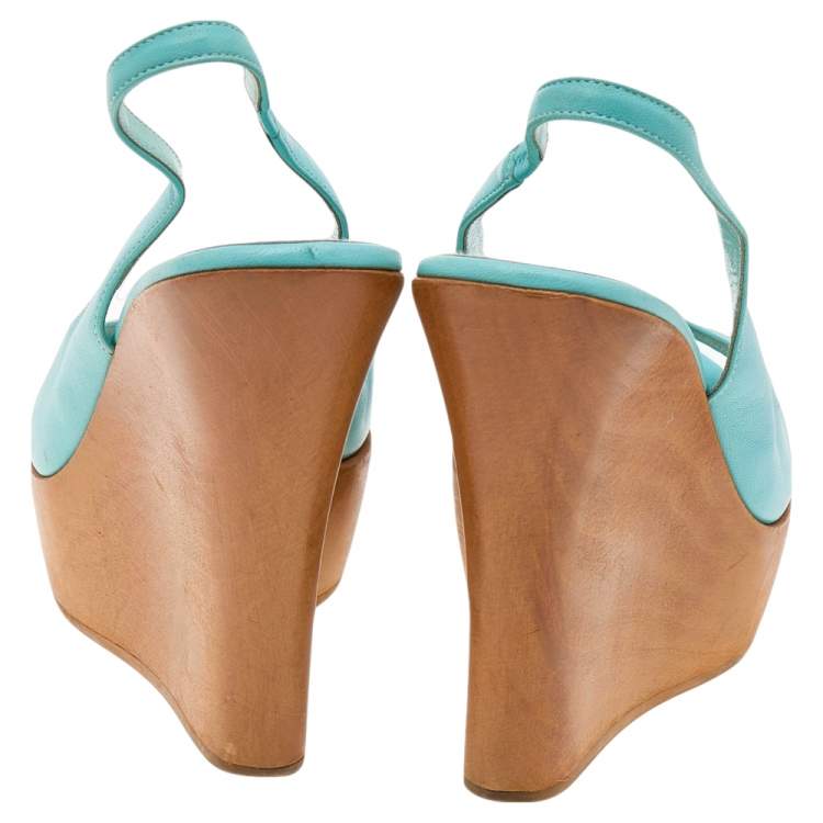 Pre Owned Gianvito Rossi Turquoise Leather Wedge Platform Slingback Sandals Size 38.5