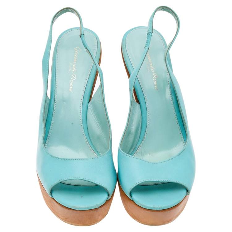 Pre Owned Gianvito Rossi Turquoise Leather Wedge Platform Slingback Sandals Size 38.5