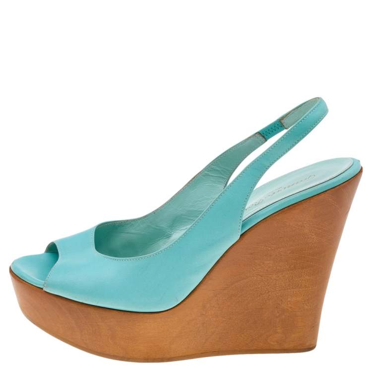 Pre Owned Gianvito Rossi Turquoise Leather Wedge Platform Slingback Sandals Size 38.5