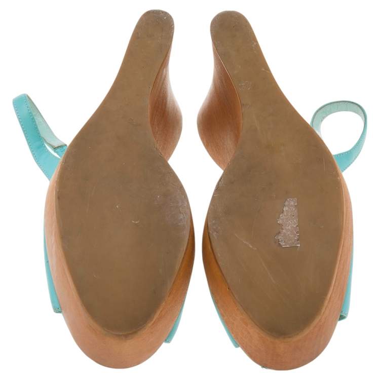 Pre Owned Gianvito Rossi Turquoise Leather Wedge Platform Slingback Sandals Size 38.5