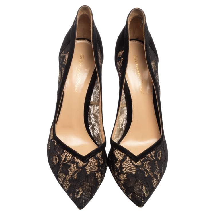 Pre Owned Gianvito Rossi Black Suede And Lace Pointed Toe Pumps Size 39.5