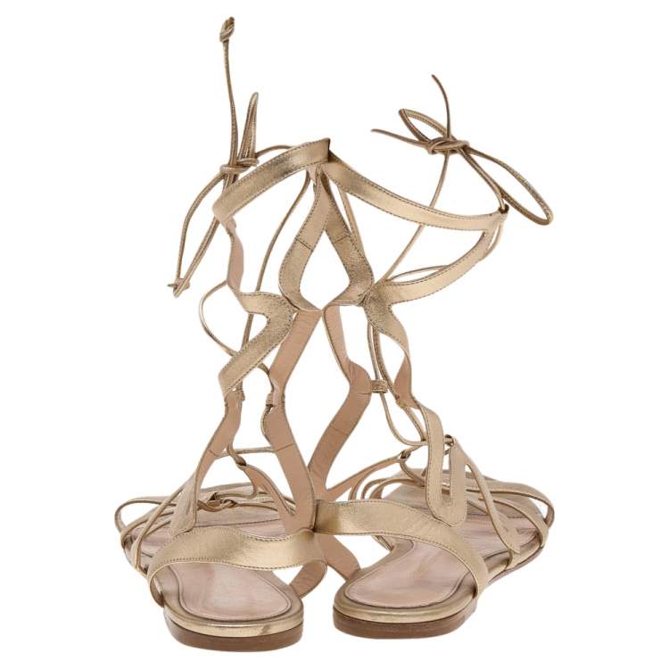 Pre Owned Gianvito Rossi Metallic Gold Leather Gladiator Ankle Length Flat Sandals Size 39