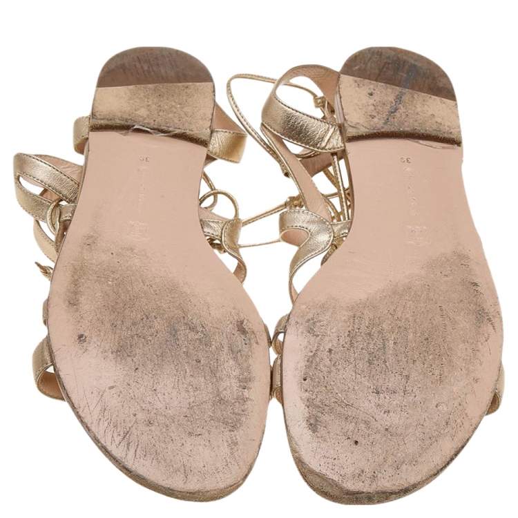 Pre Owned Gianvito Rossi Metallic Gold Leather Gladiator Ankle Length Flat Sandals Size 39