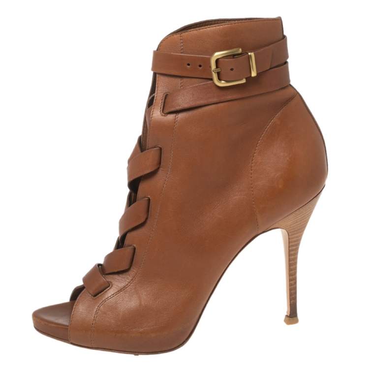 Pre Owned Gianvito Rossi Brown Leather Buckle Lace-Up Ankle Booties Size 38.5