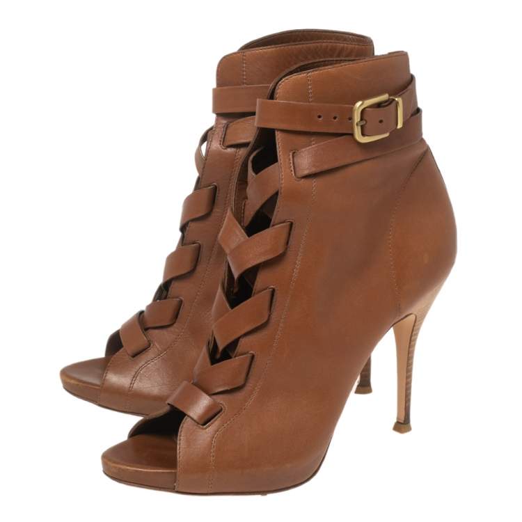 Pre Owned Gianvito Rossi Brown Leather Buckle Lace-Up Ankle Booties Size 38.5