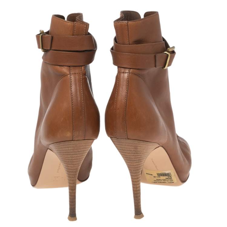 Pre Owned Gianvito Rossi Brown Leather Buckle Lace-Up Ankle Booties Size 38.5