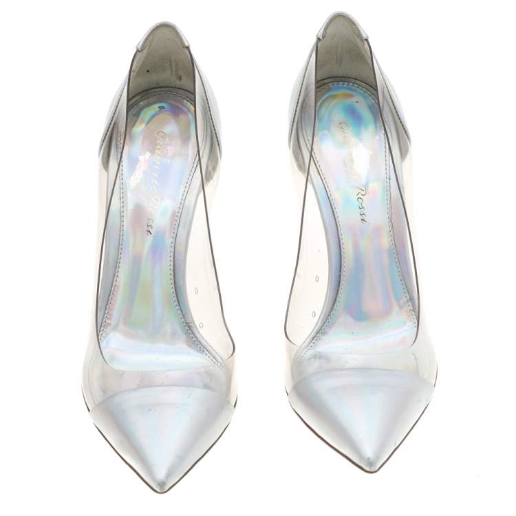 Pre Owned Gianvito Rossi Metallic Hologram Leather And PVC Plexi Pointed Toe Pumps Size 36.5
