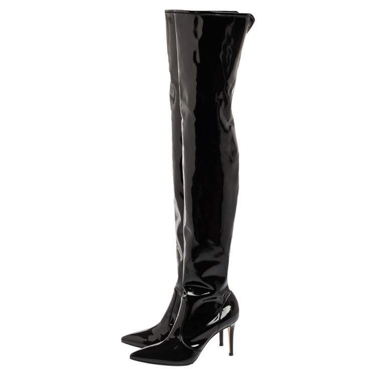 Pre Owned Gianvito Rossi Black Patent Leather Pointed-Toe Over The Knee Boots Size 37