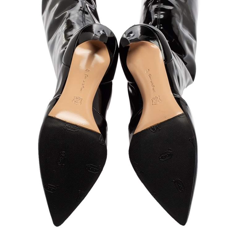 Pre Owned Gianvito Rossi Black Patent Leather Pointed-Toe Over The Knee Boots Size 37