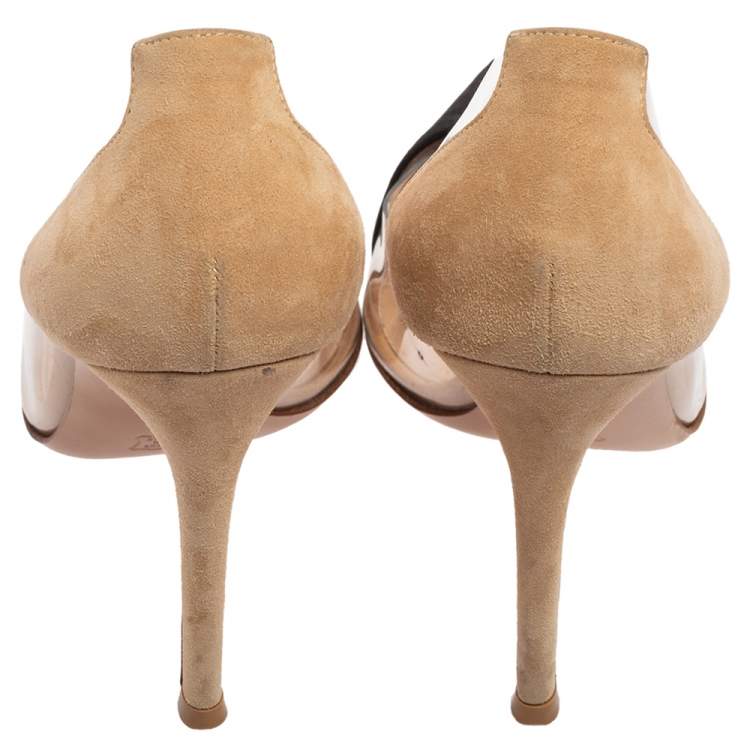 Pre Owned Gianvito Rossi Beige/Black Suede And PVC Plexi Pointed Toe Pumps Size 36.5