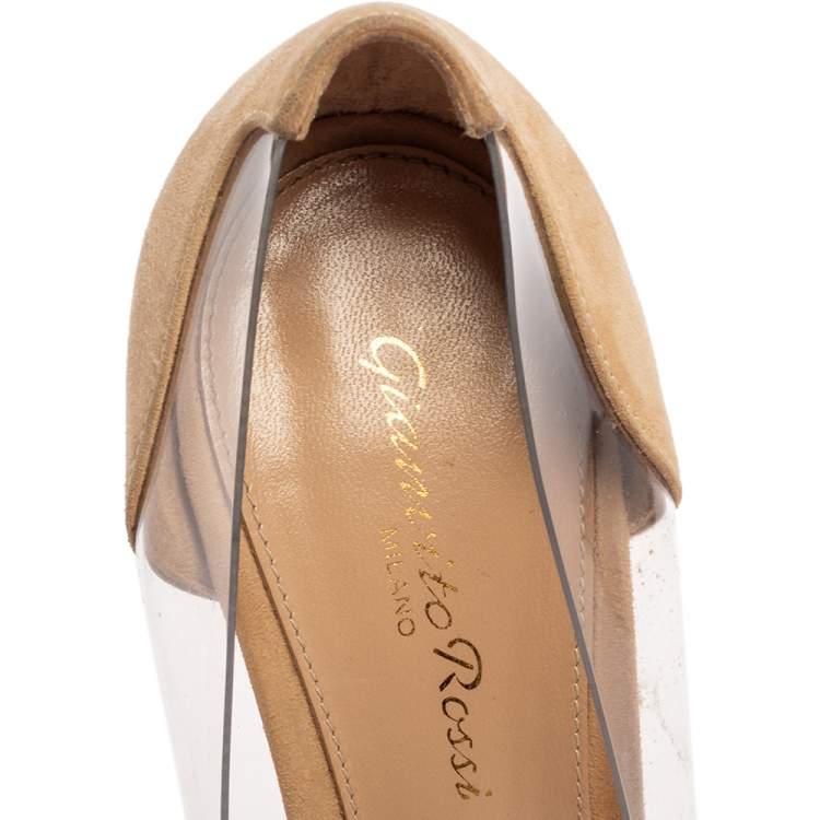 Pre Owned Gianvito Rossi Beige/Black Suede And PVC Plexi Pointed Toe Pumps Size 36.5