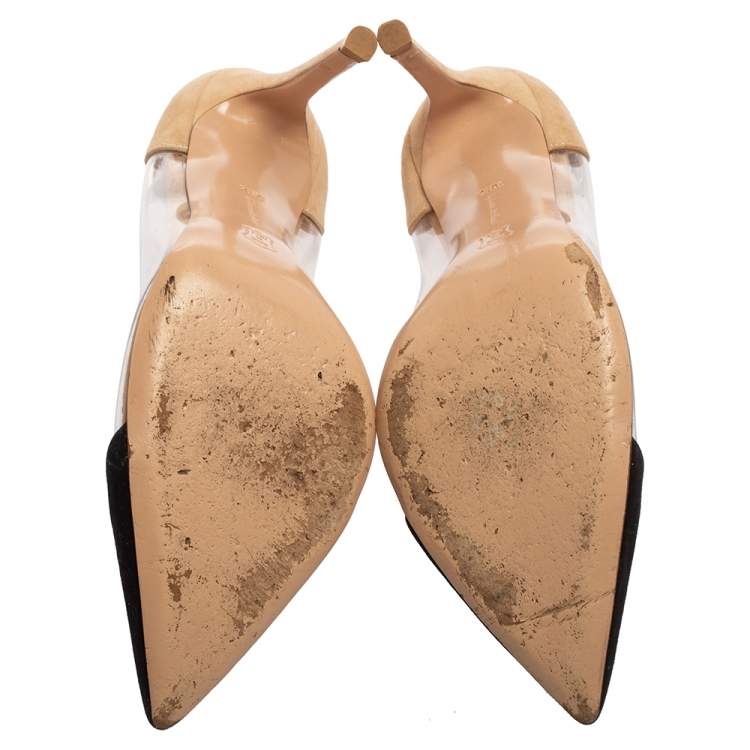 Pre Owned Gianvito Rossi Beige/Black Suede And PVC Plexi Pointed Toe Pumps Size 36.5