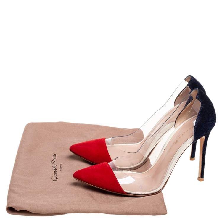 Pre Owned Gianvito Rossi Red/Navy Blue Suede and PVC Plexi Pumps Size 36