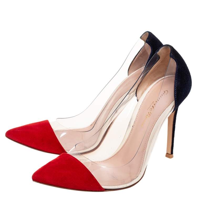 Pre Owned Gianvito Rossi Red/Navy Blue Suede and PVC Plexi Pumps Size 36
