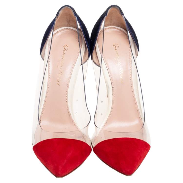 Pre Owned Gianvito Rossi Red/Navy Blue Suede and PVC Plexi Pumps Size 36