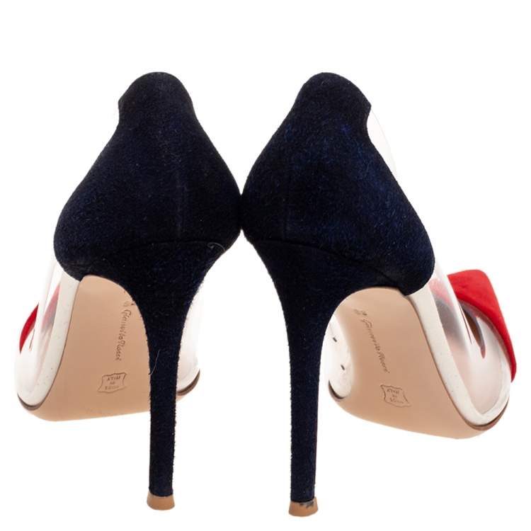Pre Owned Gianvito Rossi Red/Navy Blue Suede and PVC Plexi Pumps Size 36