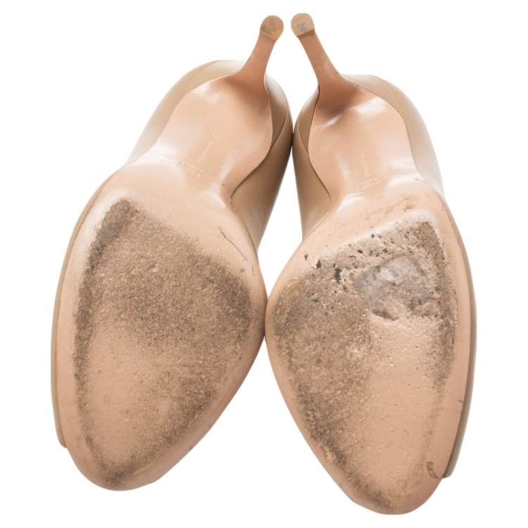 Pre Owned Gianvito Rossi Beige Leather V Neck Peep-Toe Ankle Booties Size 39