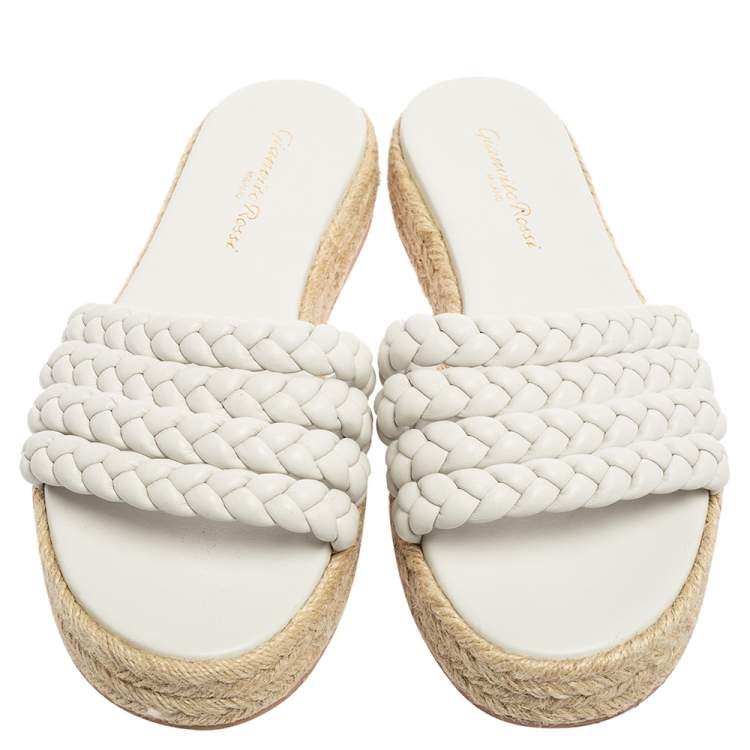 Pre Owned Gianvito Rossi White Braided Leather Marbella Espadrille Slides Size 37.5