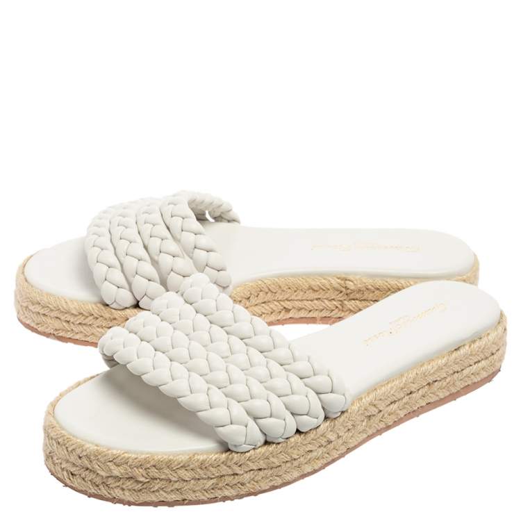 Pre Owned Gianvito Rossi White Braided Leather Marbella Espadrille Slides Size 37.5