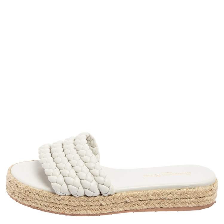 Pre Owned Gianvito Rossi White Braided Leather Marbella Espadrille Slides Size 37.5